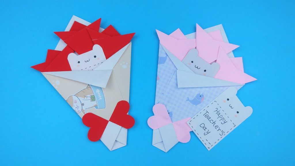 教师节手工折纸漂亮的花束，还有可爱的小猫卡片